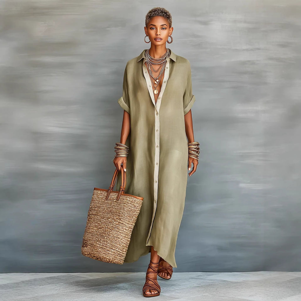 Women's Summer Maxi Shirt Dress – Lapel Collar Button-Up Casual Dress