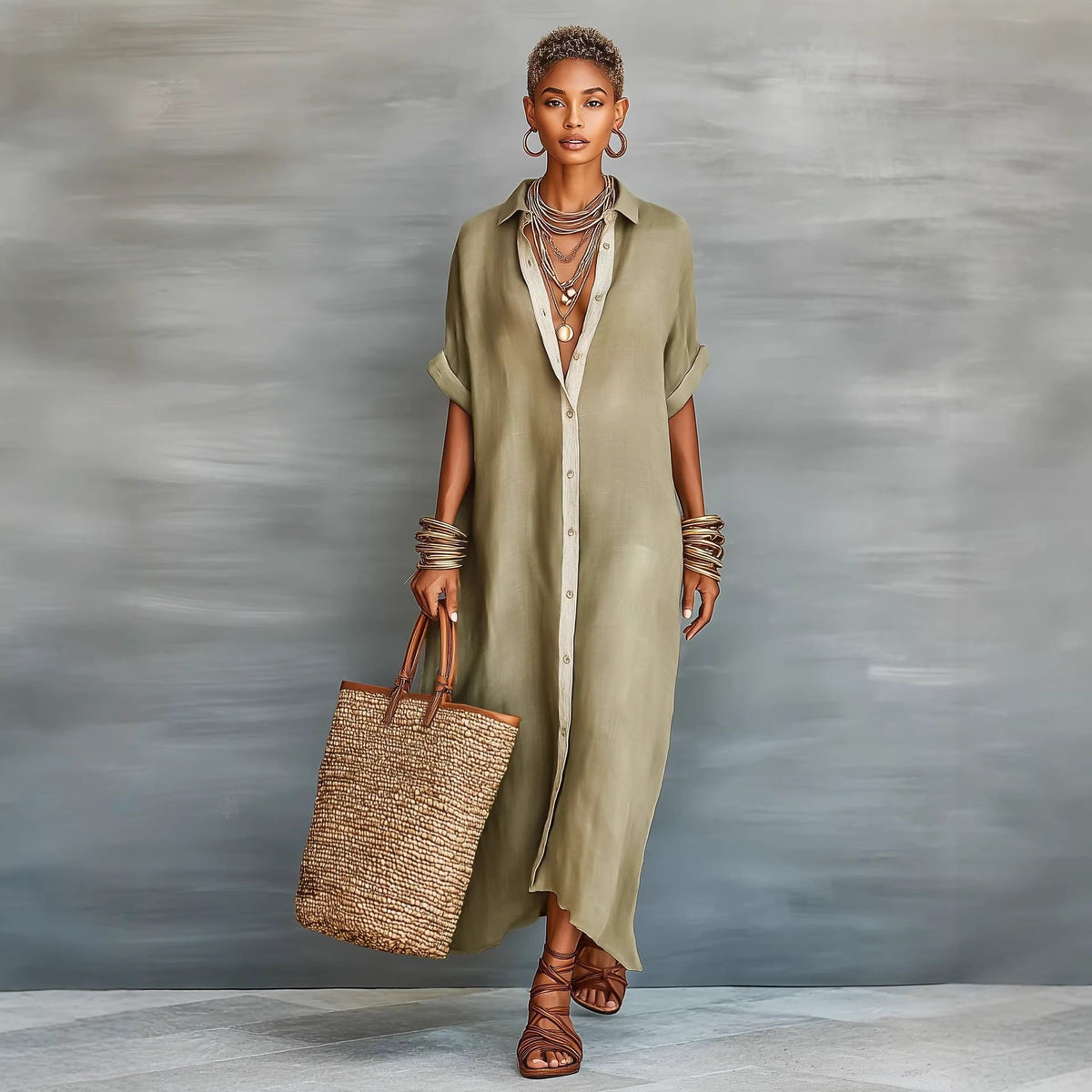 Women's Summer Maxi Shirt Dress – Lapel Collar Button-Up Casual Dress