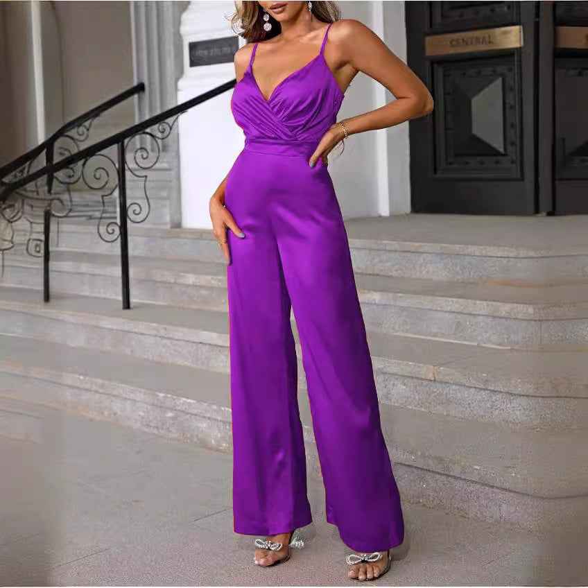 Fitted-waist Strapless Chic V-neck Wide-leg Jumpsuit