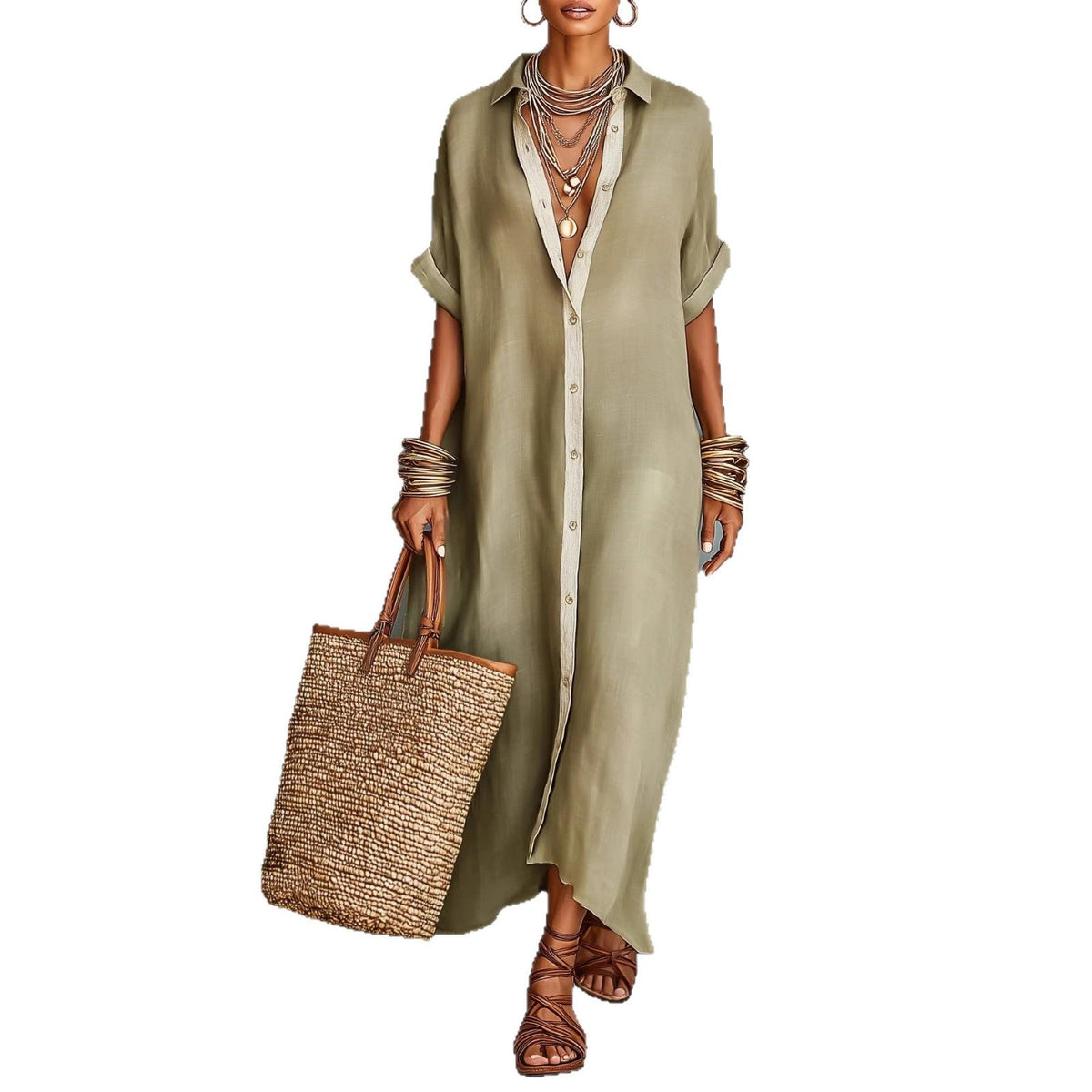 Women's Summer Maxi Shirt Dress – Lapel Collar Button-Up Casual Dress