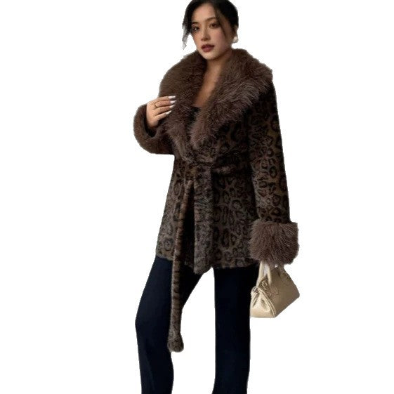 Faux Fur Leopard-Print Mink-Style Padded Long Coat