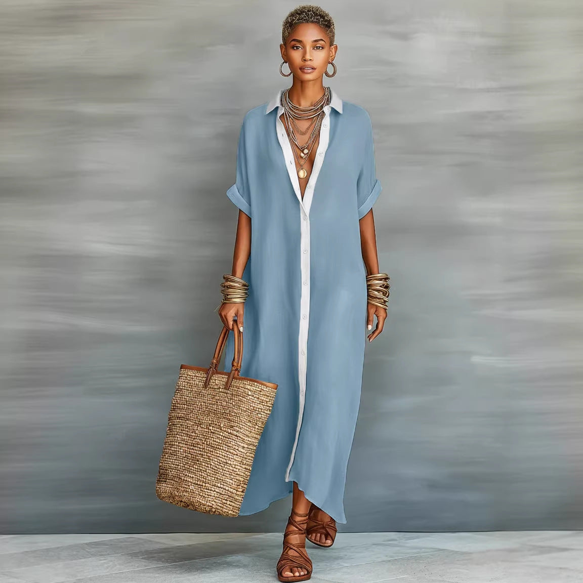 Women's Summer Maxi Shirt Dress – Lapel Collar Button-Up Casual Dress