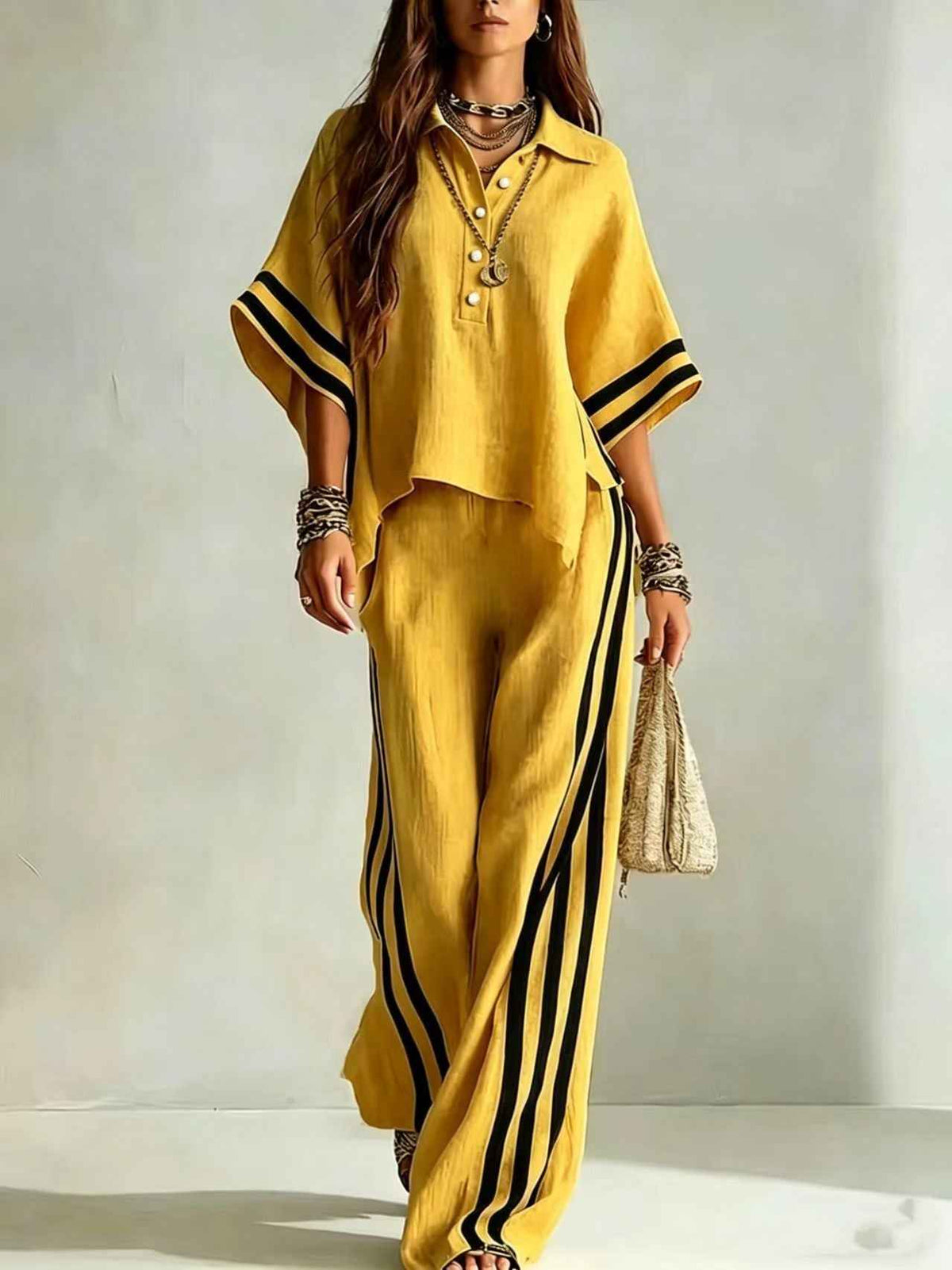 Womens Clothing Short-Sleeve Shirt And Loose Pants Two-Piece Set