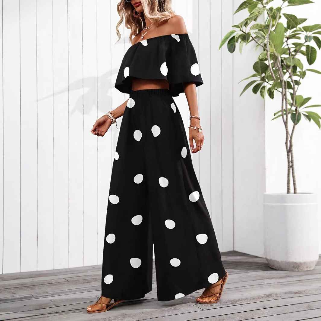 Womens Elegant Resort Polka-Dot Tube Top And Pants Set