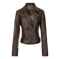 Women’s Short Leather Biker Jacket – Lapel Collar Motorcycle-Style Slim-Fit Coat
