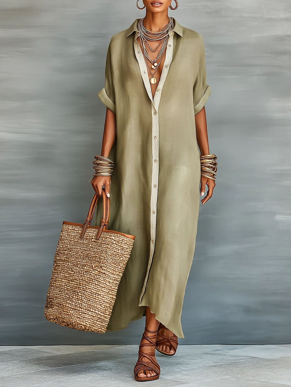 Women's Summer Maxi Shirt Dress – Lapel Collar Button-Up Casual Dress