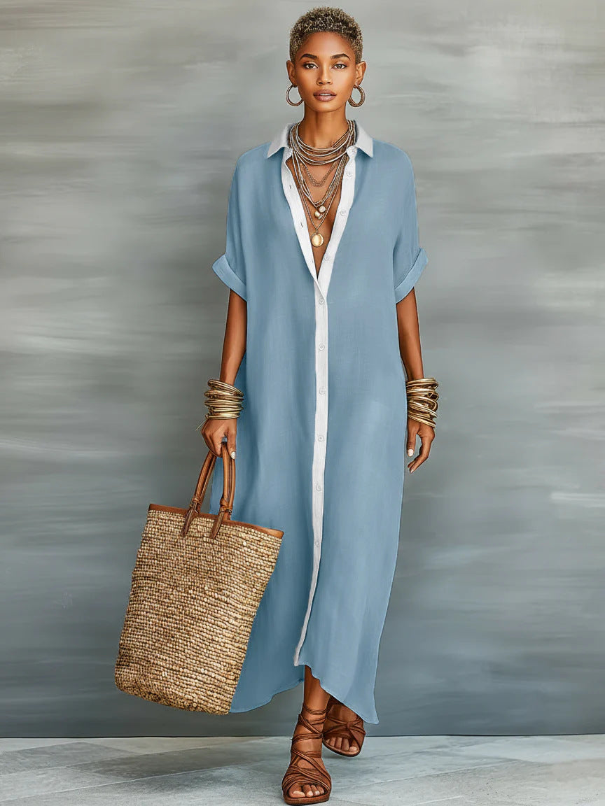 Women's Summer Maxi Shirt Dress – Lapel Collar Button-Up Casual Dress