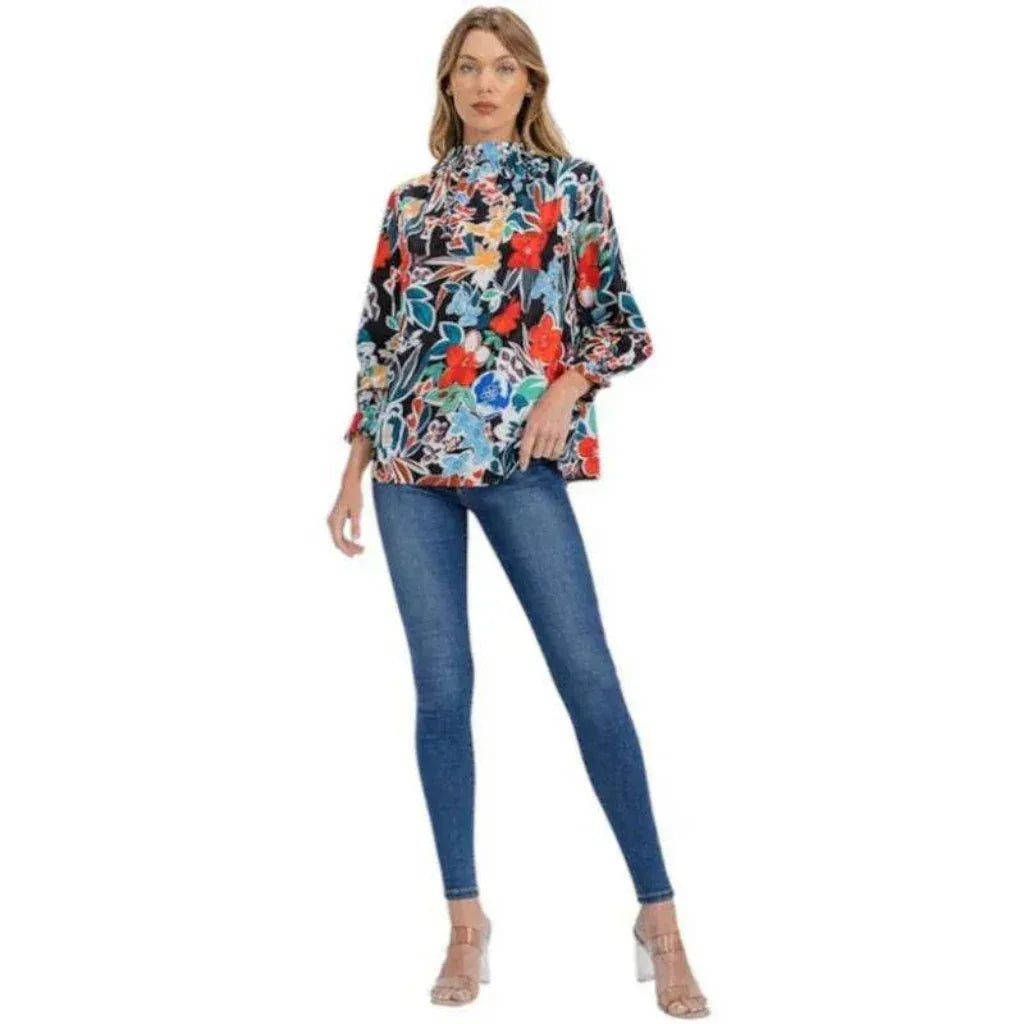 Blouse fleurie col montant