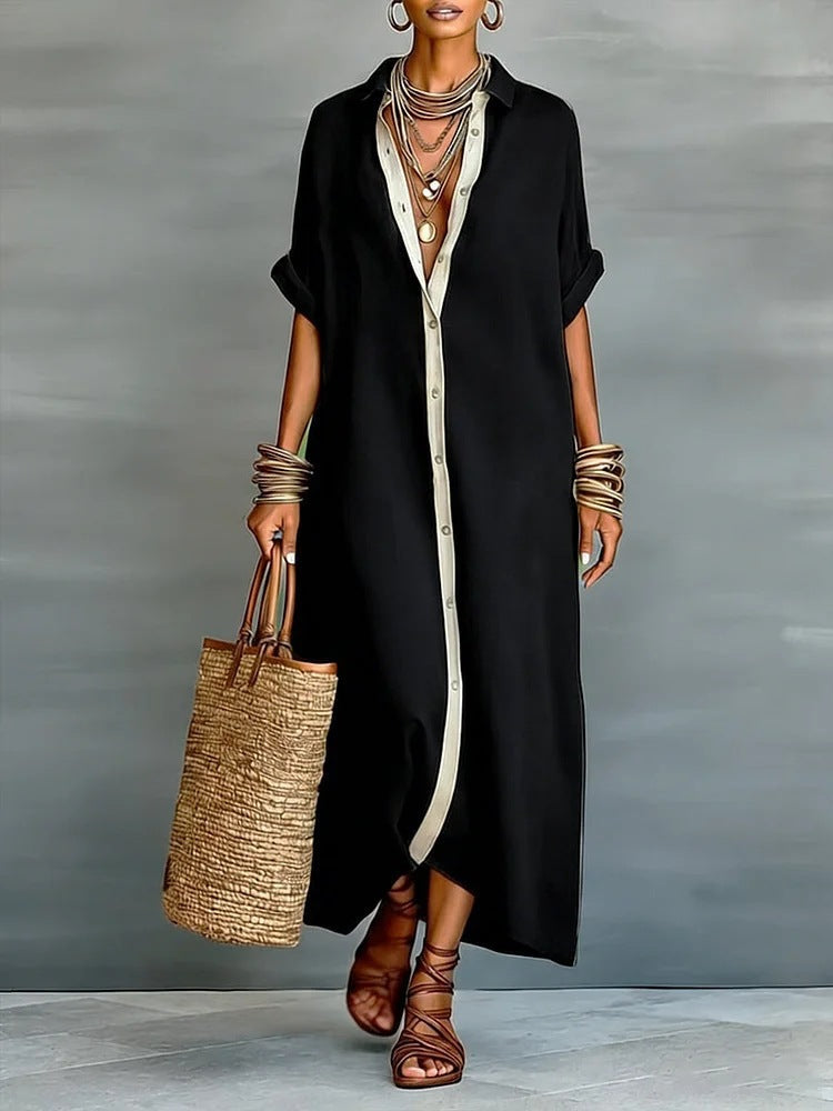 Women's Summer Maxi Shirt Dress – Lapel Collar Button-Up Casual Dress