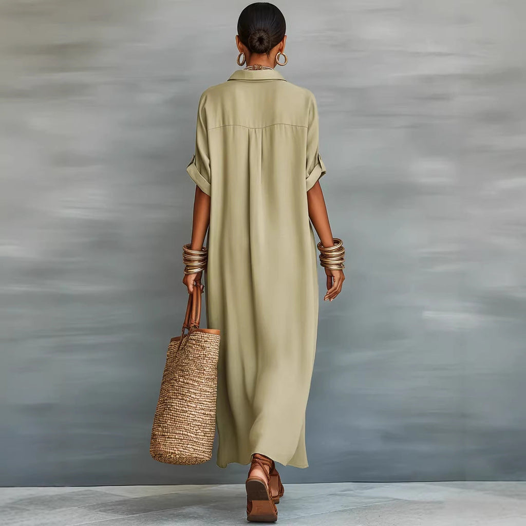 Women's Summer Maxi Shirt Dress – Lapel Collar Button-Up Casual Dress