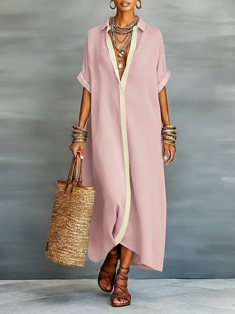 Women's Summer Maxi Shirt Dress – Lapel Collar Button-Up Casual Dress