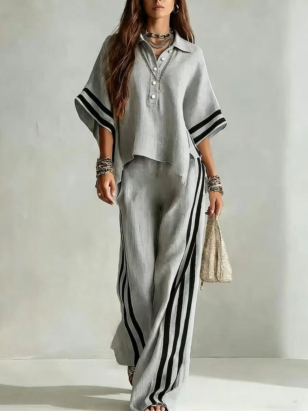Womens Clothing Short-Sleeve Shirt And Loose Pants Two-Piece Set